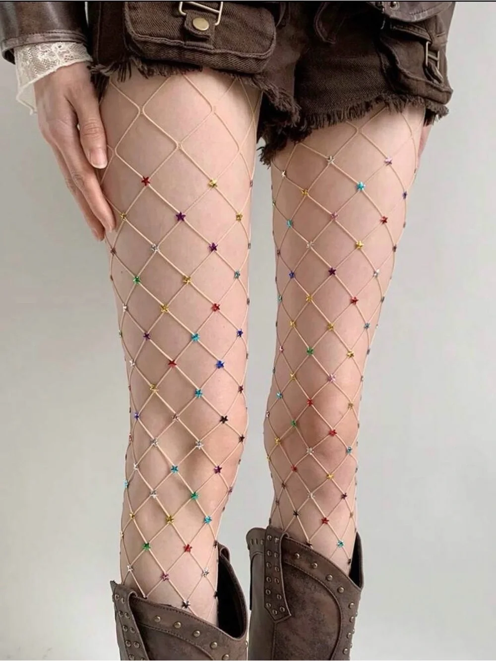 Rhinestone Fishnet Tights - Multi-Color Embellished Women’s Accessory